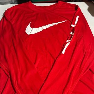 Nike Red Long Sleeve Tee with White Logo sleeve.